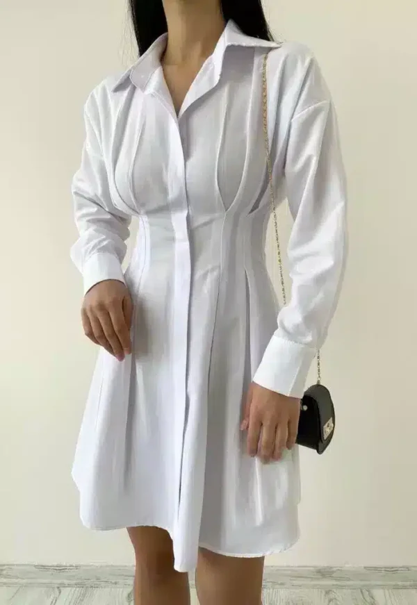 Büzgülü Gömlek Beyaz Elbise - 10197