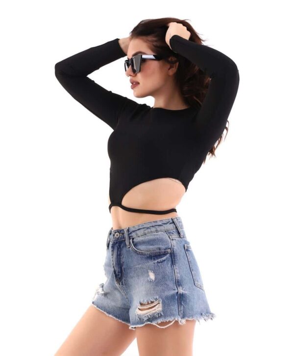 Bel Üçgen İp Detaylı Siyah Crop - C10007