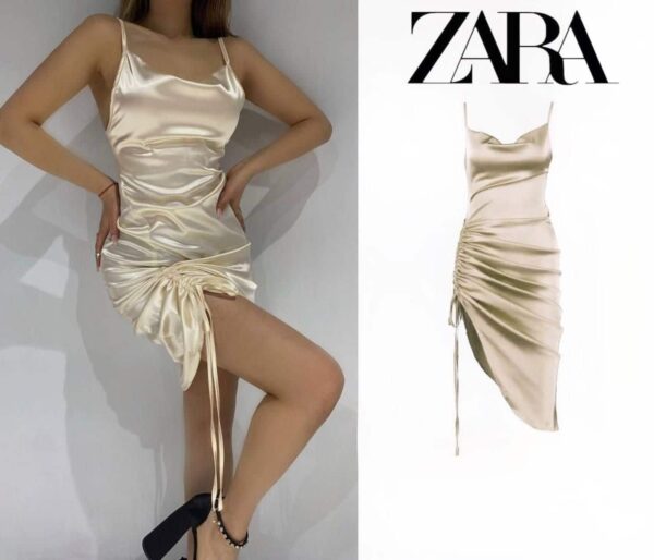 Saten Askılı Açık Bej Elbise - 10230