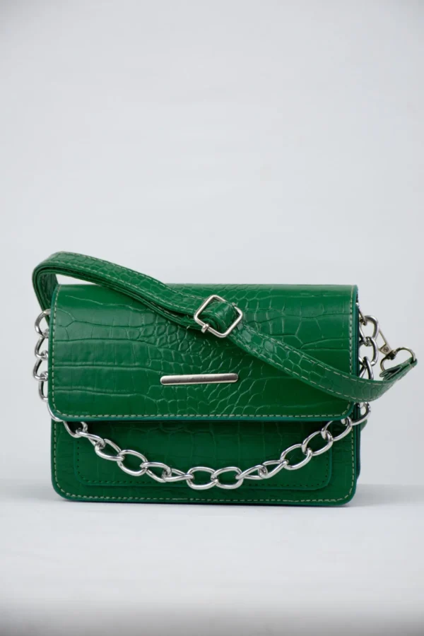 Yeşil Kadın Timsah Desenli Clutch Baget Zincir Askılı Çanta-10394