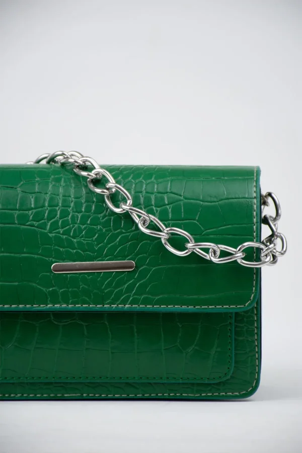 Yeşil Kadın Timsah Desenli Clutch Baget Zincir Askılı Çanta-10394