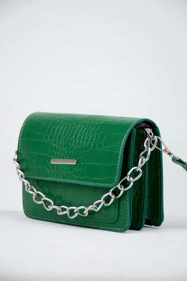 Yeşil Kadın Timsah Desenli Clutch Baget Zincir Askılı Çanta-10394