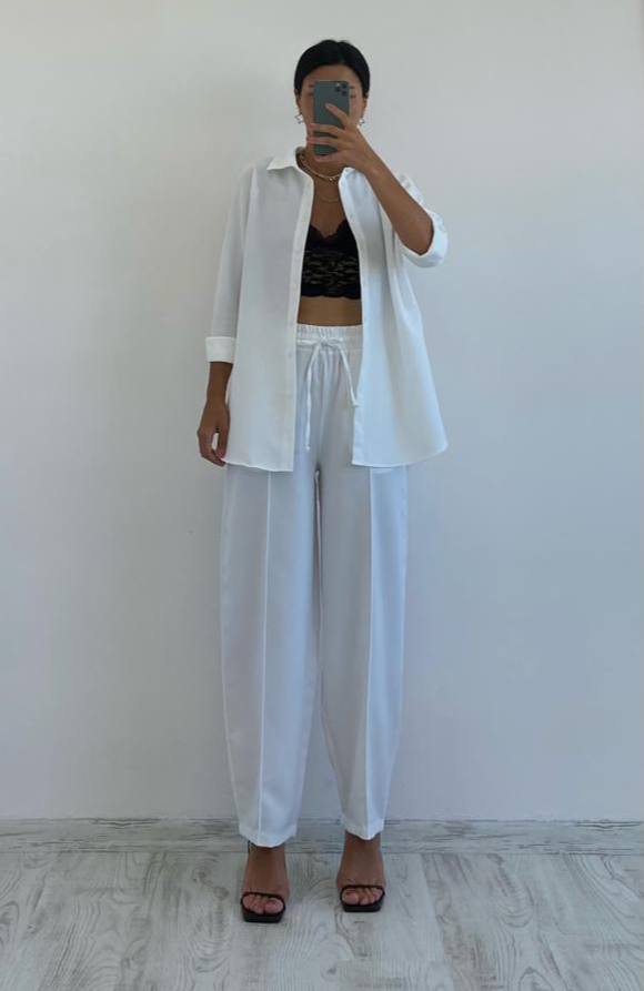 Beyaz Lastikli Jogger Pantolon - 10268