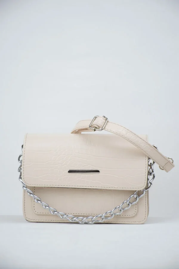 Bej Kadın Timsah Desenli Clutch Baget Zincir Askılı Çanta - 10361