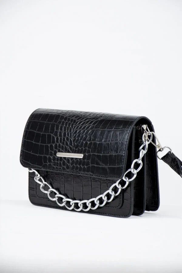 Siyah Kadın Timsah Desenli Clutch Baget Zincir Askılı Çanta - 10362