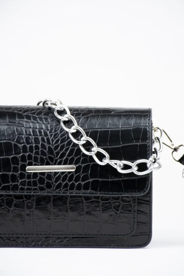 Siyah Kadın Timsah Desenli Clutch Baget Zincir Askılı Çanta - 10362