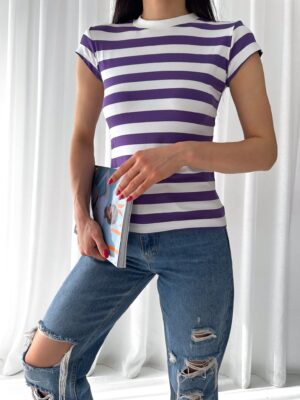 Mor Çizgili Basic Bisiklet Yaka Örme T-shirt-10369
