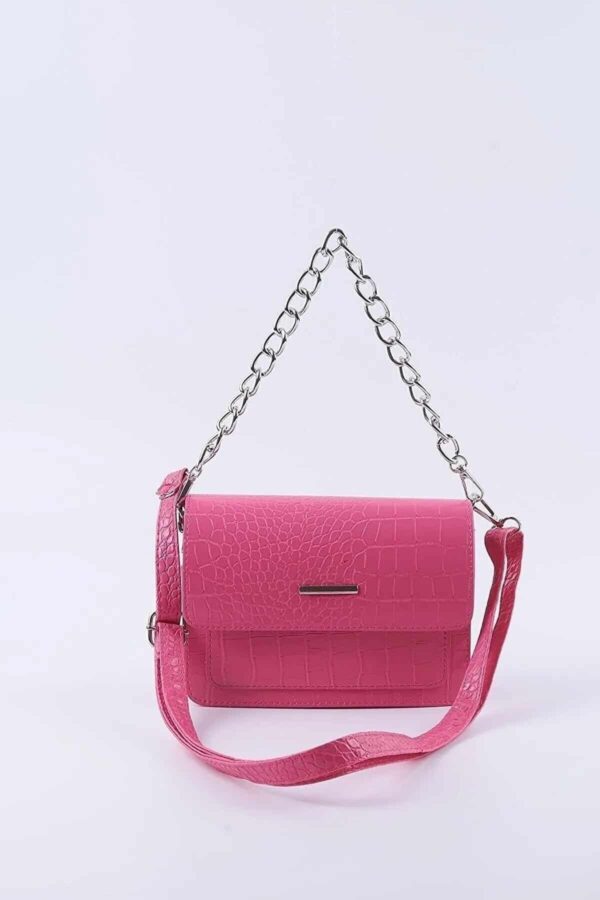 Pembe Kadın Timsah Desenli Clutch Baget Zincir Askılı Çanta - 10360
