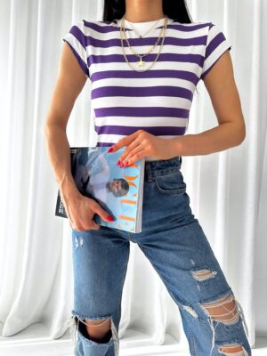 Mor Çizgili Basic Bisiklet Yaka Örme T-shirt-10369
