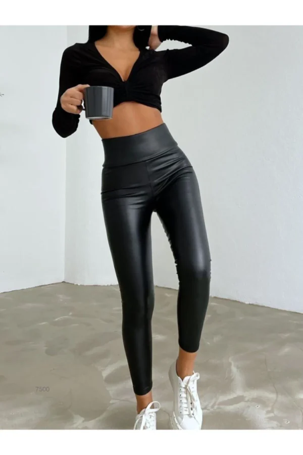 Siyah Yüksek Bel Şardonlu Deri Tayt - 10461