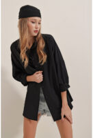 Kadın Oversize Uzun Basic Siyah Gömlek - 10413
