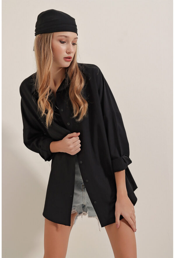Kadın Oversize Uzun Basic Siyah Gömlek - 10413