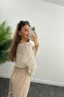 Bolero Knit Krem Crop Ajurlu Örme Triko Bluz - 10414