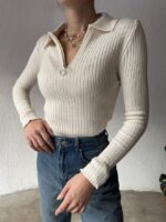 Fermuarlı Dik Yaka Fitilli Triko Bej Bluz - 10416