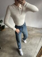 Fermuarlı Dik Yaka Fitilli Triko Bej Bluz - 10416