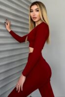 Bordo Dalgıç Uzun Kollu Crop-Tayt Takım - 10513