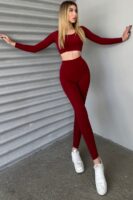 Bordo Dalgıç Uzun Kollu Crop-Tayt Takım - 10513