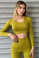 Hardal Fitilli Uzun Kollu Crop-Tayt Takım - 104501