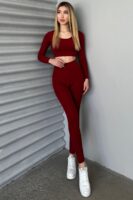 Bordo Dalgıç Uzun Kollu Crop-Tayt Takım - 10513