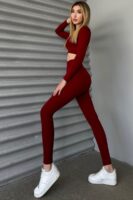Bordo Dalgıç Uzun Kollu Crop-Tayt Takım - 10513