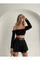 Siyah Piliseli Mini Şortlu Etek - 10522