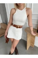 Beyaz Piliseli Mini Şortlu Etek - 10555