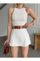 Beyaz Piliseli Mini Şortlu Etek - 10555