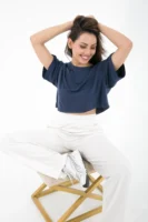 Lacivert Bisiklet Yaka Oversize Crop T-shirt - 10580