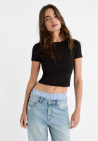 Siyah Bisiklet Yaka Likralı Kısa Kol Body Crop T-Shirt - 10582