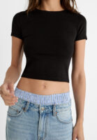 Siyah Bisiklet Yaka Likralı Kısa Kol Body Crop T-Shirt - 10582