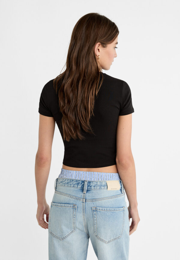 Siyah Bisiklet Yaka Likralı Kısa Kol Body Crop T-Shirt - 10582