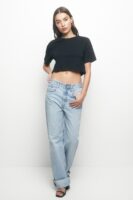 Siyah Bisiklet Yaka Likralı Kısa Kol Body Crop T-Shirt - 10582