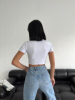 Beyaz Bisiklet Yaka Likralı Kısa Kol Body Crop T-Shirt - 10583