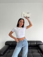 Beyaz Bisiklet Yaka Likralı Kısa Kol Body Crop T-Shirt - 10583
