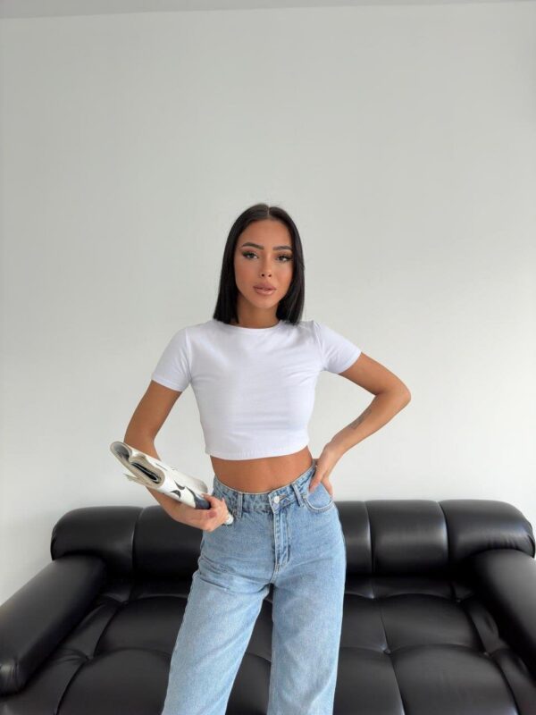 Beyaz Bisiklet Yaka Likralı Kısa Kol Body Crop T-Shirt - 10583