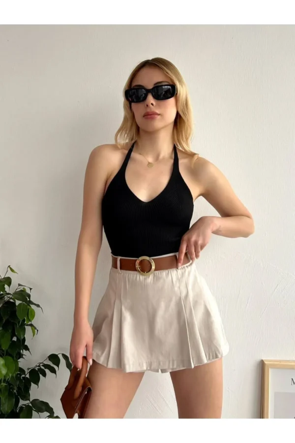 Koyu Bej Piliseli Mini Şortlu Etek - 10589
