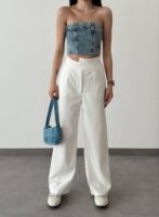 Beyaz Bel Detaylı Atlas Pantolon - 10597