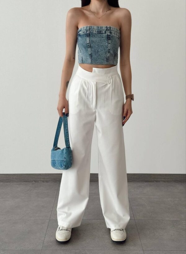 Beyaz Bel Detaylı Atlas Pantolon - 10597