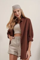 Kadın Oversize Uzun Basic Kahverengi Gömlek - 10608