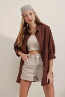 Kadın Oversize Uzun Basic Kahverengi Gömlek - 10608