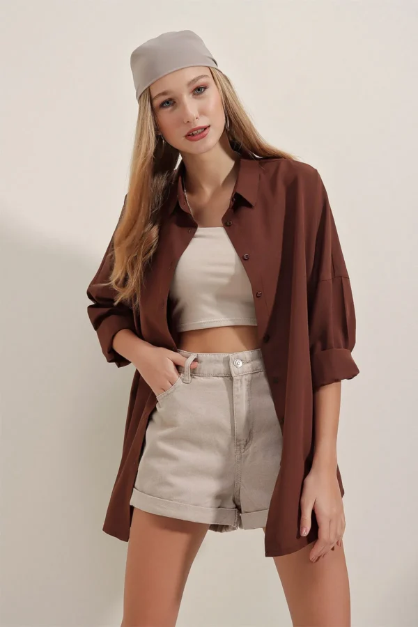 Kadın Oversize Uzun Basic Kahverengi Gömlek - 10608