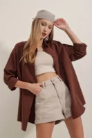 Kadın Oversize Uzun Basic Kahverengi Gömlek - 10608
