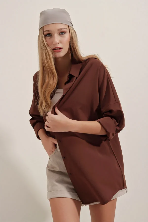 Kadın Oversize Uzun Basic Kahverengi Gömlek - 10608