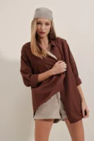 Kadın Oversize Uzun Basic Kahverengi Gömlek - 10608