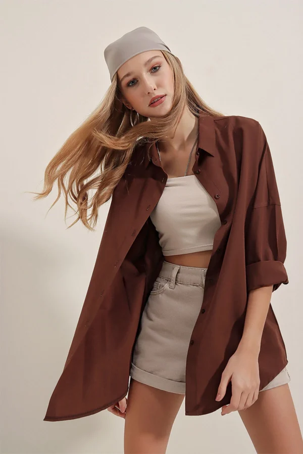 Kadın Oversize Uzun Basic Kahverengi Gömlek - 10608