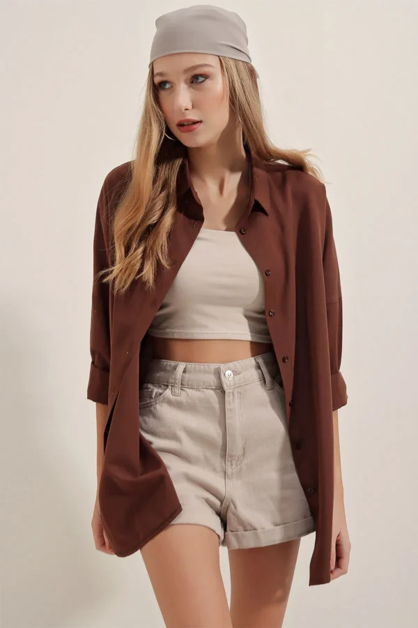 Kadın Oversize Uzun Basic Kahverengi Gömlek - 10608