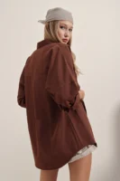 Kadın Oversize Uzun Basic Kahverengi Gömlek - 10608