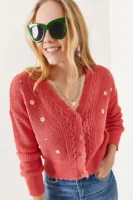 Kadın Pembe Triko Çiçekli Hırka - 10615