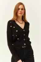 Kadın Siyah Triko Çiçekli Hırka - 10616