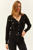 Kadın Siyah Triko Çiçekli Hırka - 10616